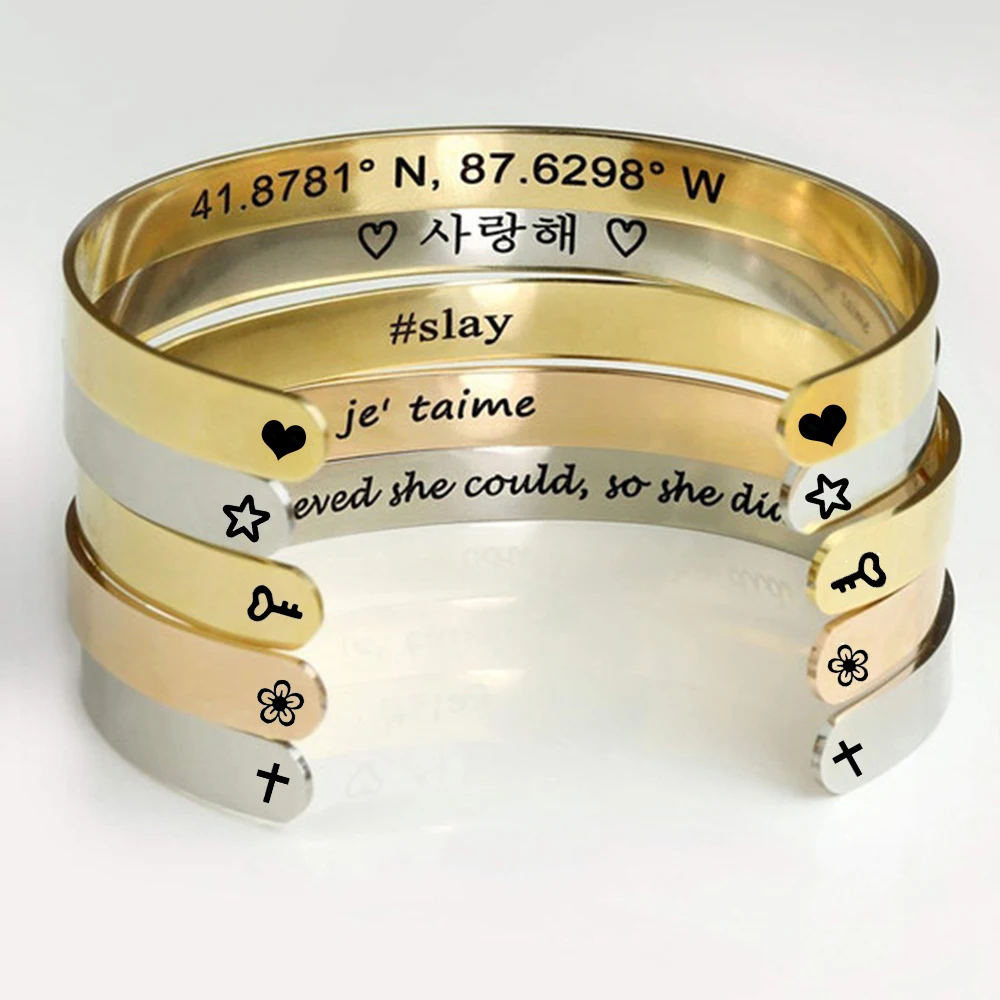 

Custom Engrave Name Symbol Half Open Bangle Stainless Steel Personalized Letter Date Cuff Bracelets for Women Men Jewelry Gift