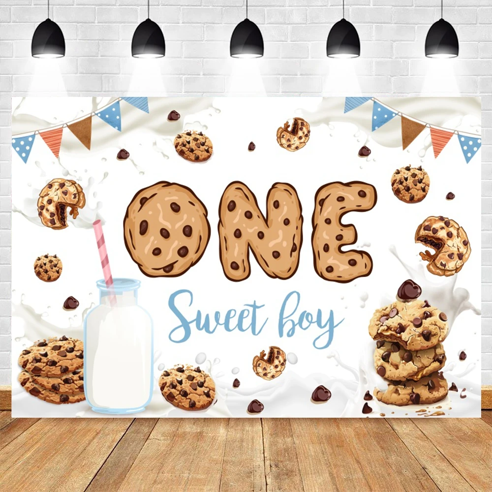 Cookies Desserts One Sweet Boy Birthday Backdrop Biscuit Milk Baby Shower 1st Birthday Party Cake Smash Photography Background
