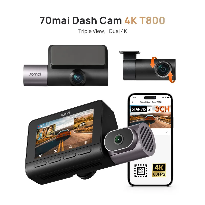 70mai 4K T800 3-Channel Car DVR STARVIS2 IMX678 Sonser GPS ADAS