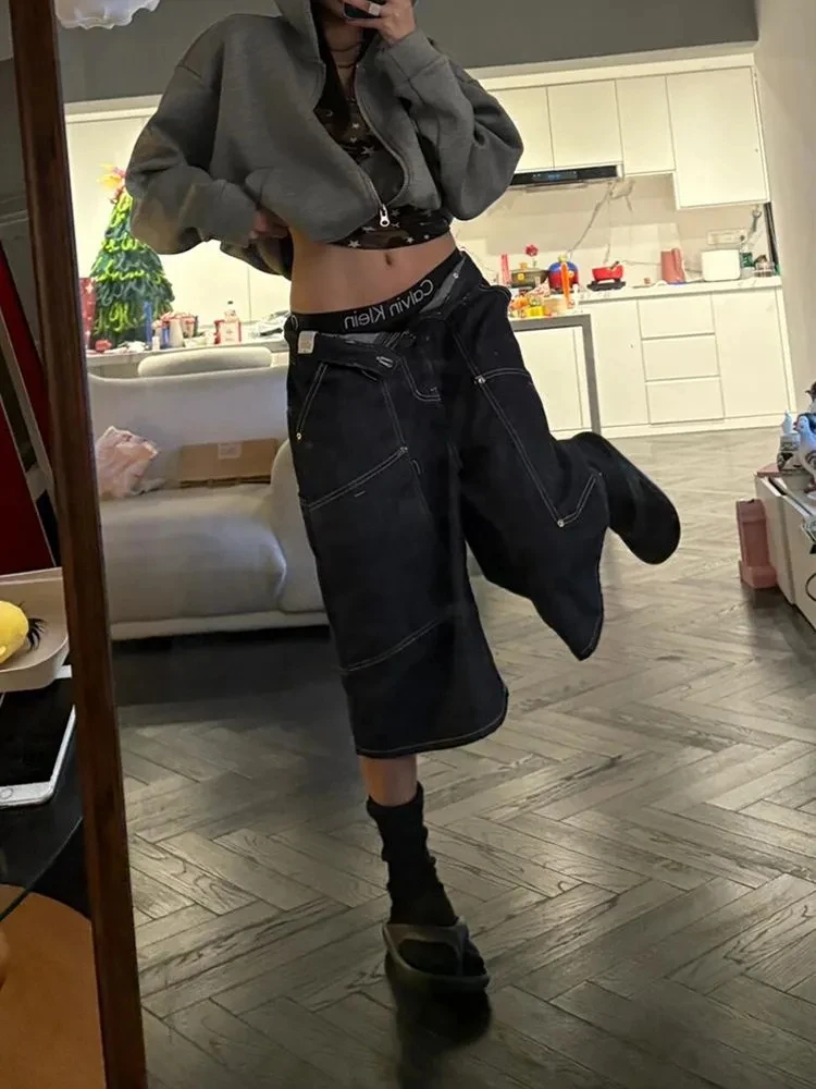 Americano retro bezerro comprimento bolsos hip-hop calças largas feminino grunge lavado rua jean emo casual y2k perna larga denim shorts