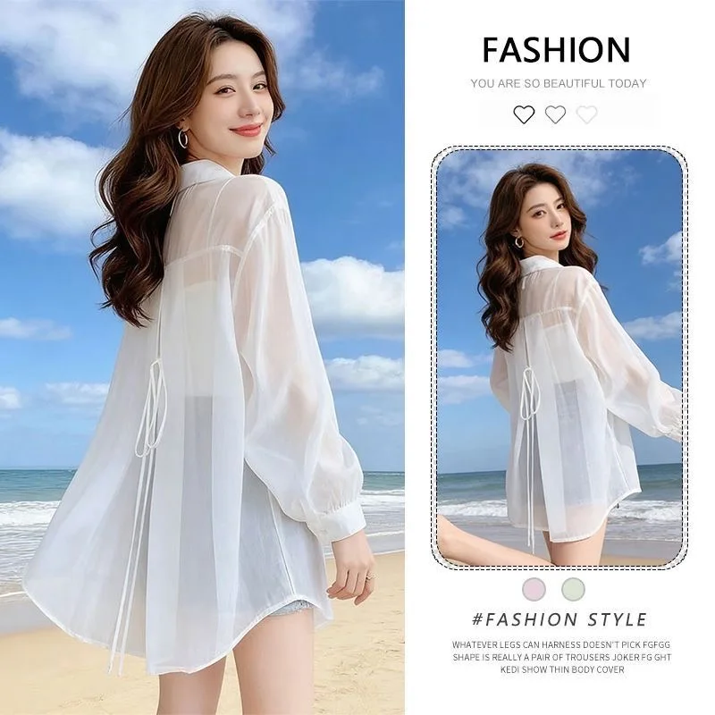 

Женский летний тонкий шифоновый кардиган-рубашка с защитой от солнца, верхняя одежда с топом на бретелях и поясом на спине, пальто для повседневной носки