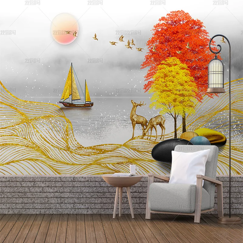 custom 3d Modern fashion light luxury hand painted to run rich tree milu deer mural TV background wall living room wallpaper 8d