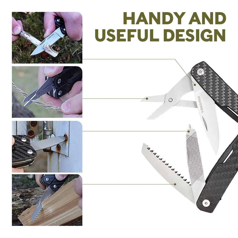 Swiss Tech 9-in-1 カーボンファイバー ハンドツール、アウトドア サバイバル & キャンプ用品用折りたたみ式コンパクト マルチツール、EDC エッセンシャル プライヤー