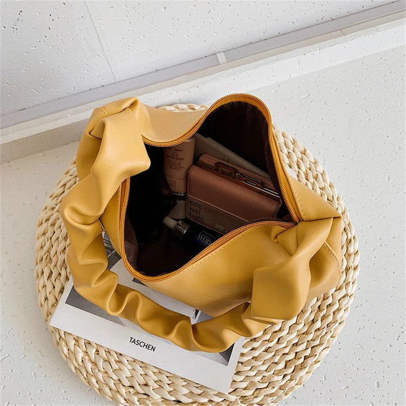 Fashion Women's Armpit Shoulder Bag PU Leather Pleated Underarm Tote Exquisite Shopping Bag Zipper Handbags with Free Shipping