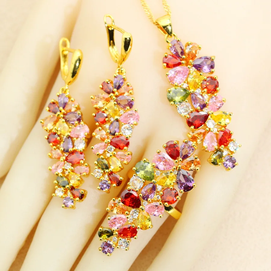 Luxury Multicolor Crystal Gold Plated Jewelry Sets Earrings Necklace Pendant Ring Bracelet  Jewellry For Women Wedding Gift