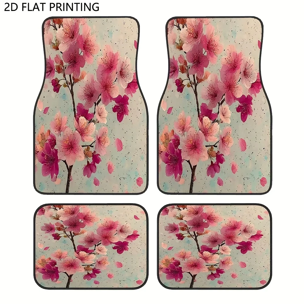 Set Of 4, Cherry Blossom Design Car Floor Mats, Sturdy, Non-Slip, To Clean, Easy To Install, Compatible With Sedan, SUV, Truck,