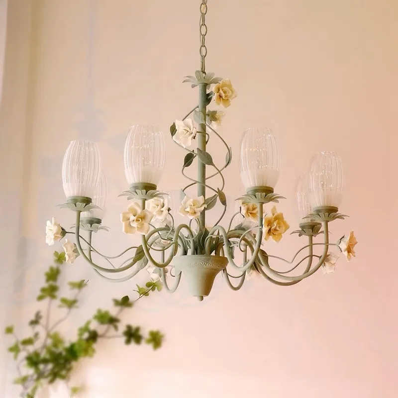 

French countryside flower pendant light, creamy style bedroom, American retro living room, dining room, cozy light