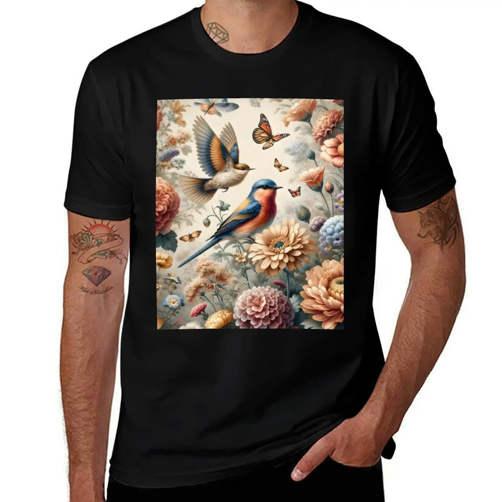 Botanical Elegance Bird Fabric - Nature's Symphony in Bloom T-Shirt Casual Basic Short Sleeve T-Shirt