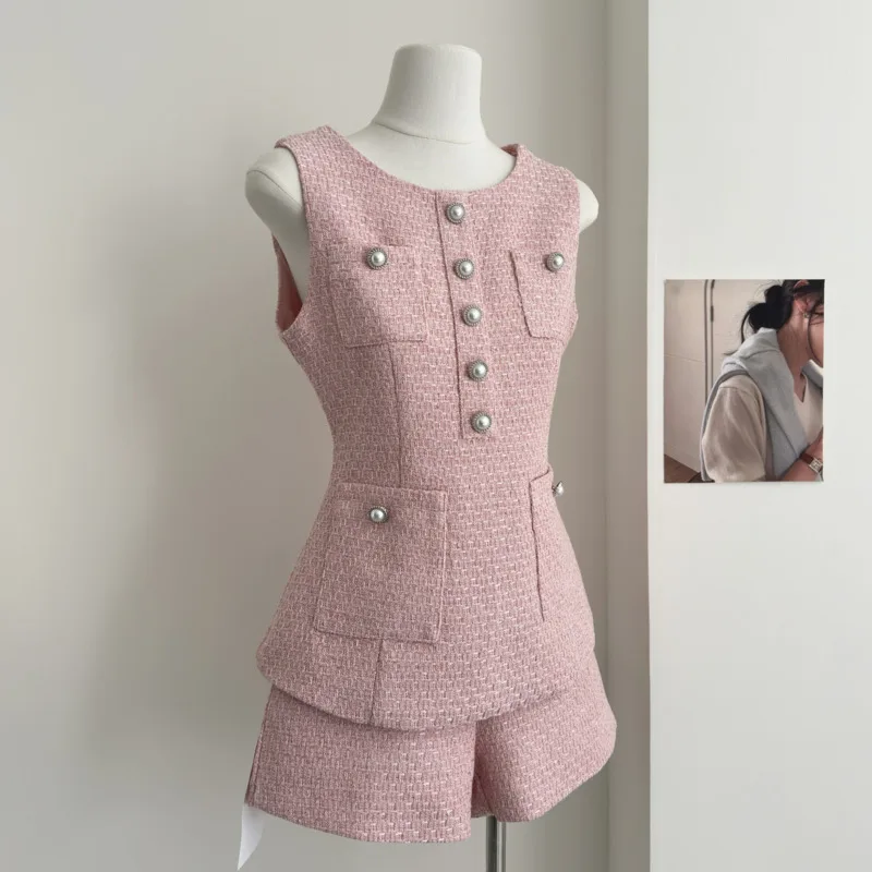 High Quality Female Tweed Sleeveless Vest Top High Waist Shorts Set Women French Slim Summer Sweet Girl Lady Two Piece Outfits