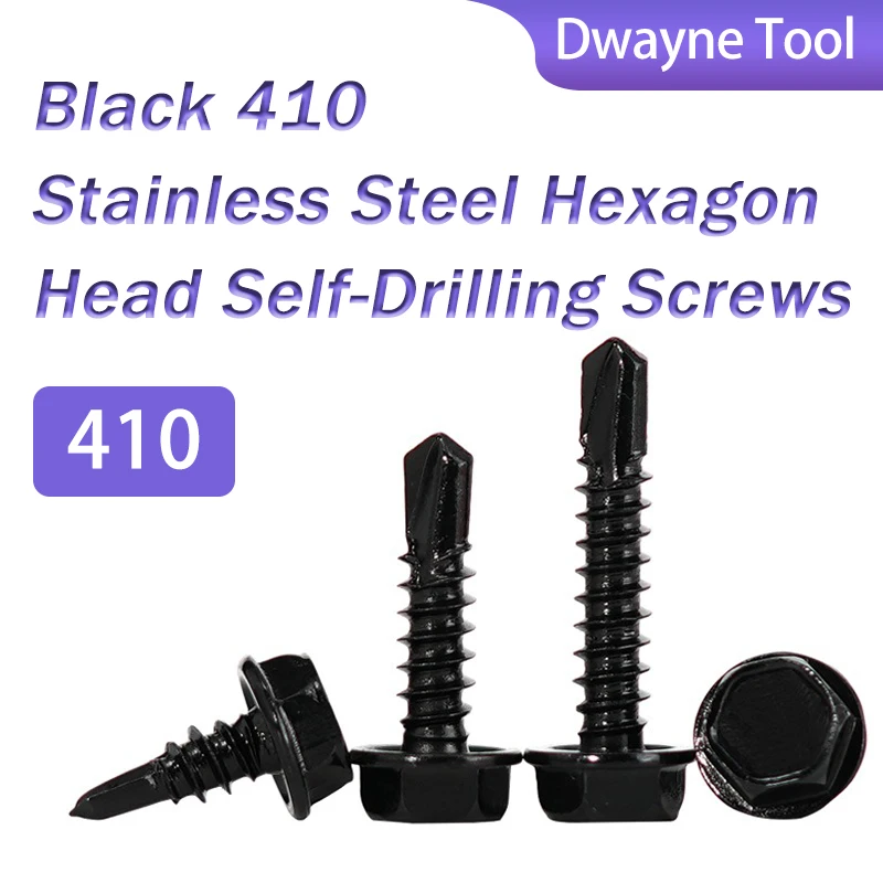 410 Stainless Steel Self-Drilling Screws with Hex Head - Black Rust-Resistant Tek Screws for Sheet Metal, Fencing, and Roofing