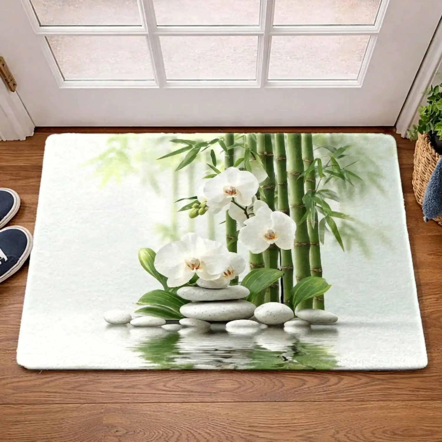 1pc Non-Slip Flannel Floor Mat Suitable For Indoor/Outdoor Use, Zen Bamboo Stone & White Orchid Rug, Machine Washable Suitable For Living Room, Bedroom
