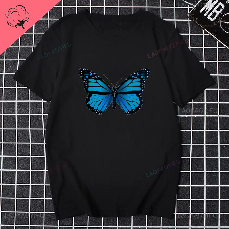 Camiseta de manga curta com gola redonda masculina e feminina, estilo Harajuku, estampa borboleta azul, moda casual, Street Wear, moda, Universal, verão