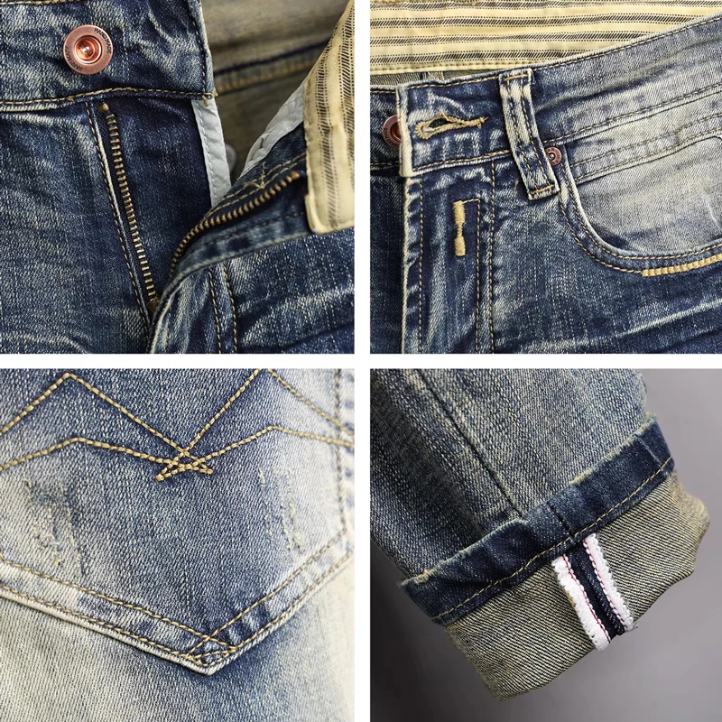 

Designer Fashion Designer Men's Jeans Wrinkled Water Washed Blue Elastic Slimming High Quality Straight leg Pants Hombre