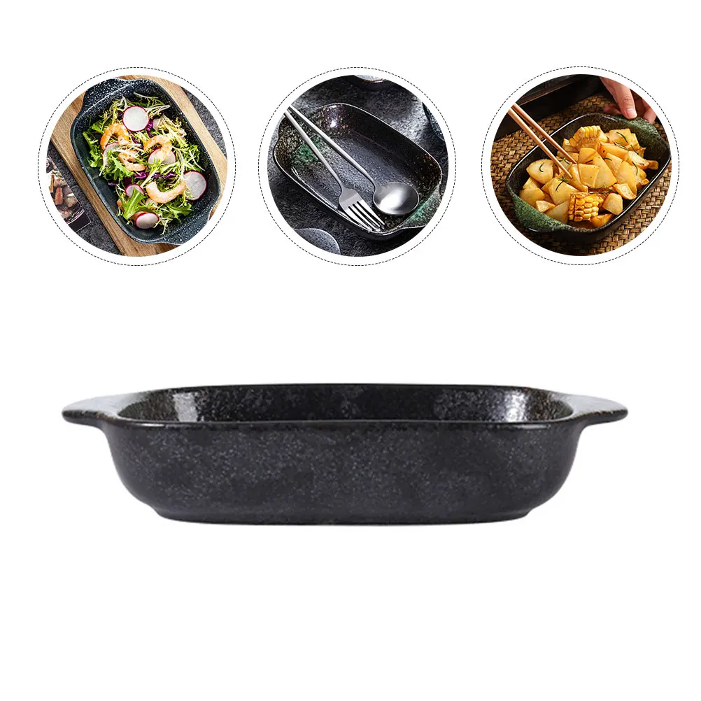

Ceramic Binaural Baking Tray Easy Clean Anti Scald Handles Microwave Oven Safe Food Storage Plate Kitchen Gadget