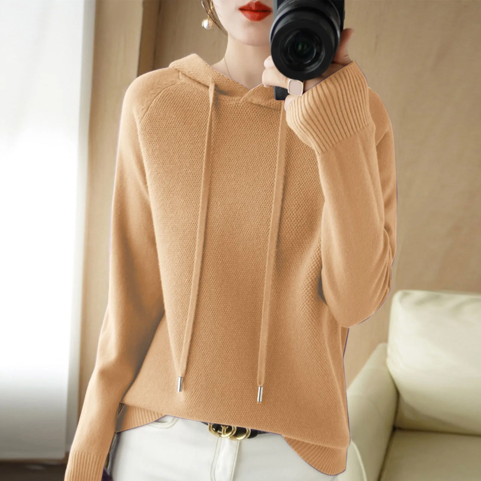 Ladies Sweater Women Knit Hooded Pullover Casual Solid Color Bottoming Shirt Knitted Sweatshirt Long Sleeved Tops Sweatshirts