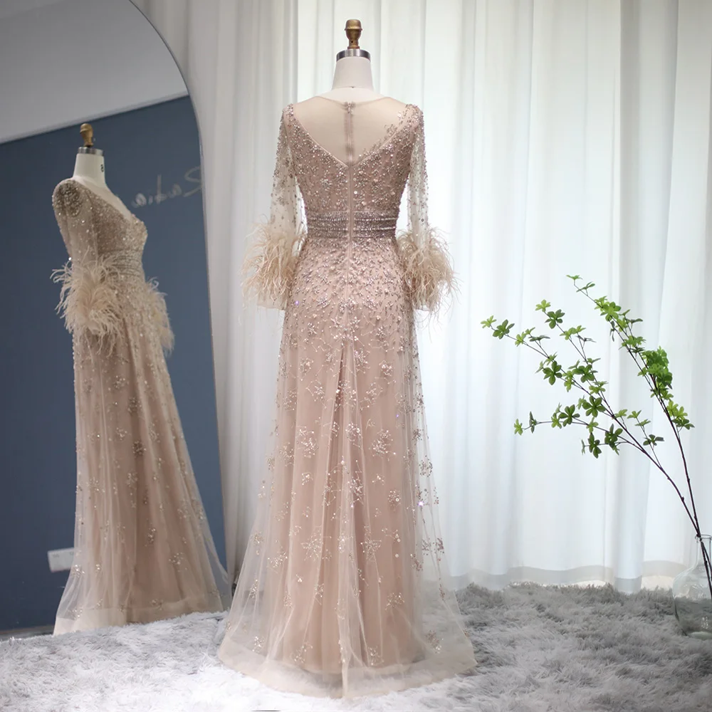 Sharon Said Luxuriöses Abendkleid mit Perlen und Silberfedern in Champagner für Damen, Hochzeit, Bankett, formelle Gala, Partykleid SS101, Maßanfertigung – Detail 7