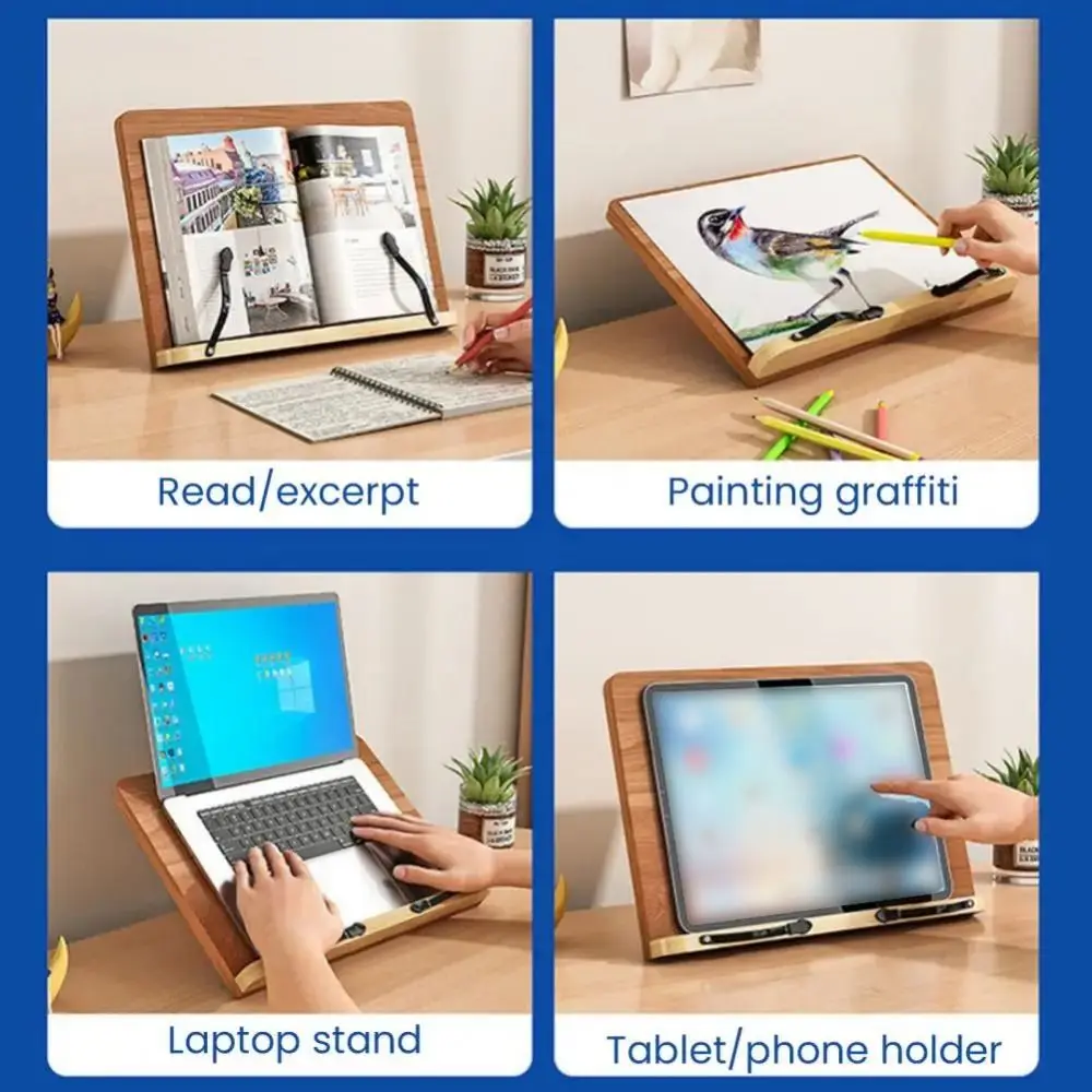Adjustable Angle Book Holder Tray Multi-Position Support Foldable Wooden Reading Stand with Clip 8 Modes Desktop Book Riser