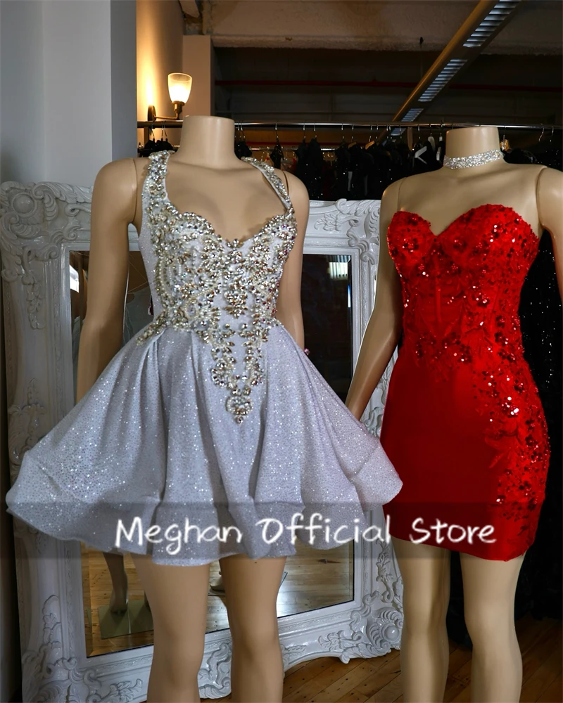 

Glitter Silver Diamonds Short Prom Dress 2025 Black Girls Bead Crystal Birthday Cocktail Party Homecoming Gown Customized