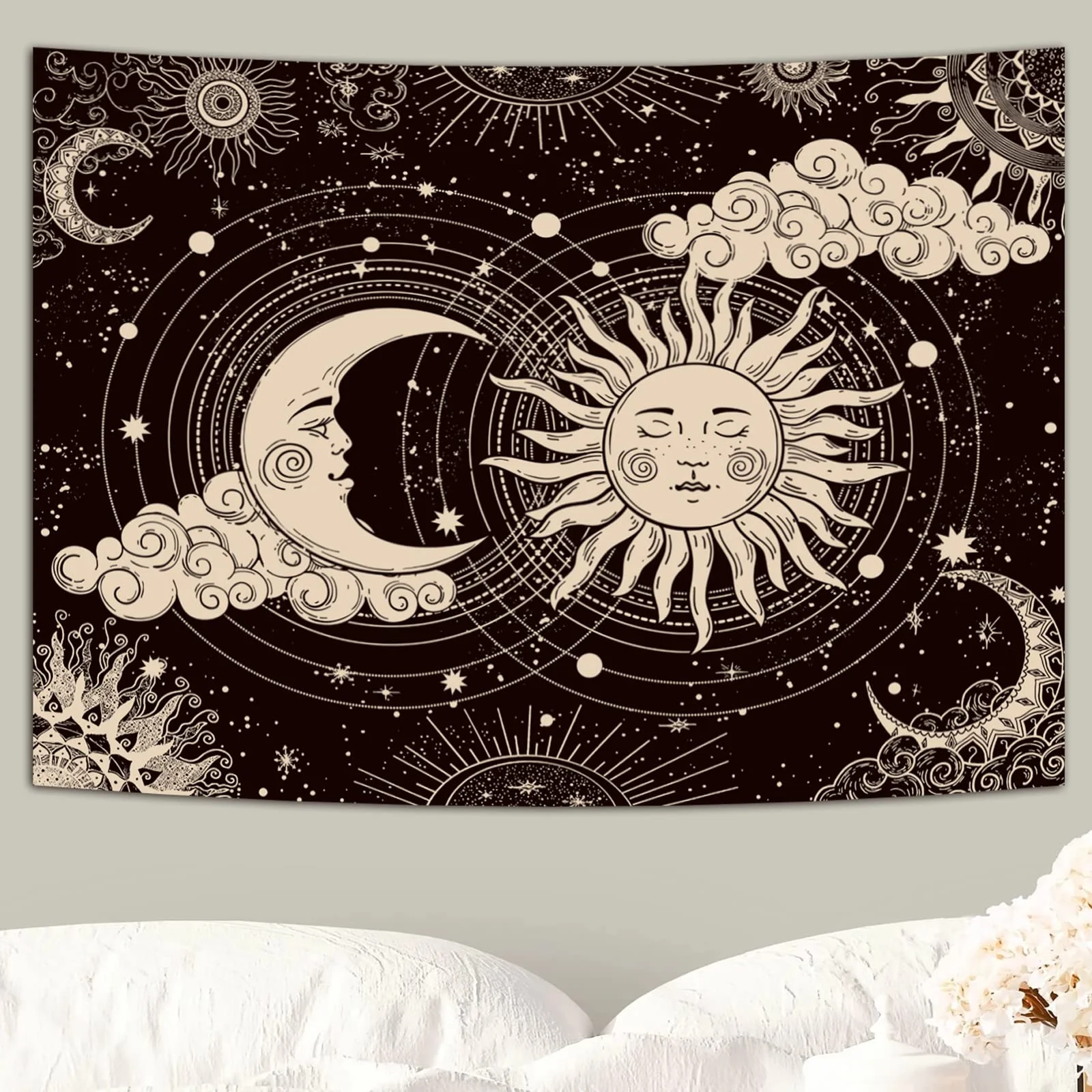 VIKAMA Sonnen- und Mond-Totem-Wandteppich, Bohemian-Stil, Schwarz-Weiß, Sternenhimmel-Wandbehang für Schlafzimmer, Wohnzimmer, Studentenwohnheim, Heimdekoration