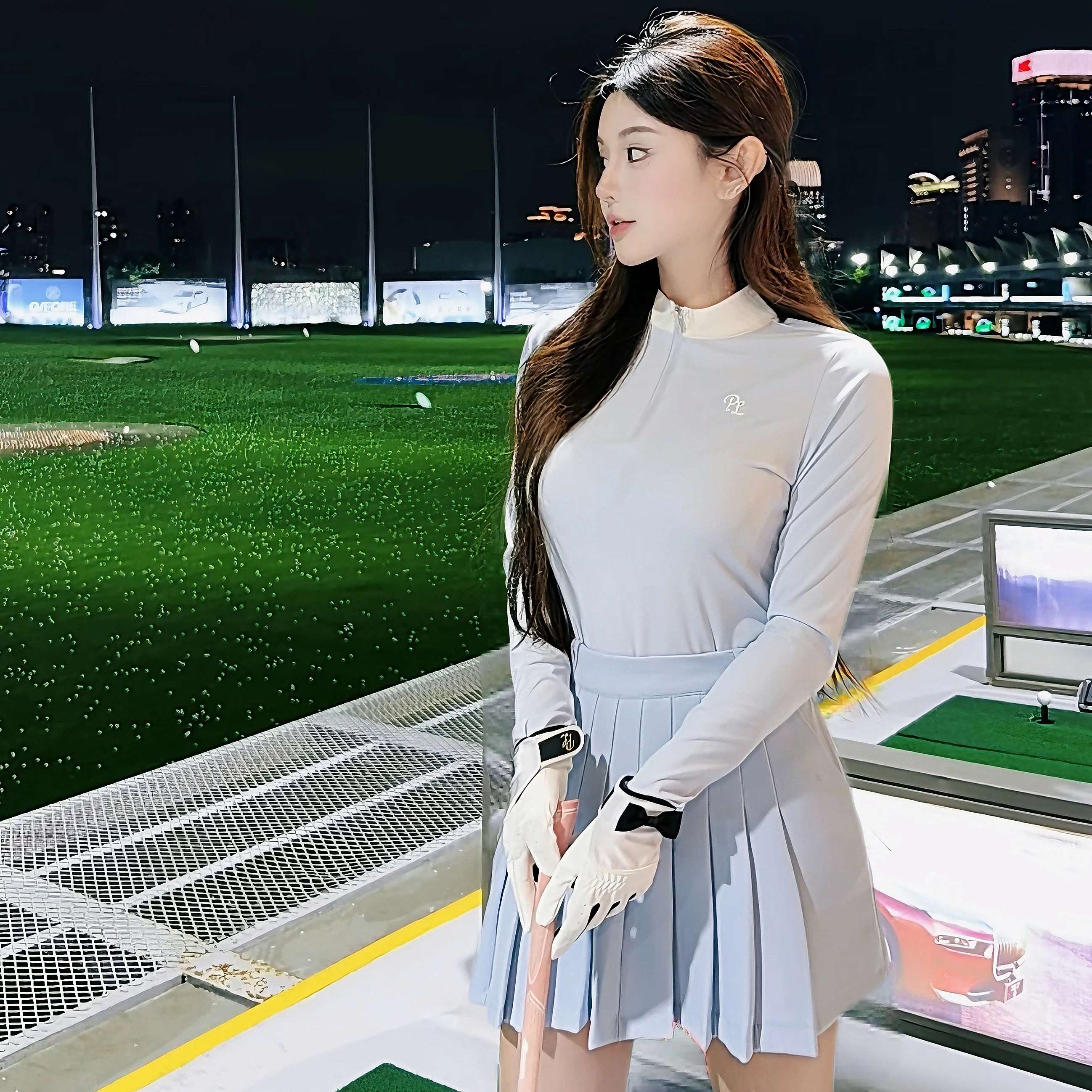 PL Golf Women Zipper Collar Shirt Quick-dry Long Sleeve Top Elastic Breathable T-Shirts Ladies Pleated Skirt Sports Golf Skorts