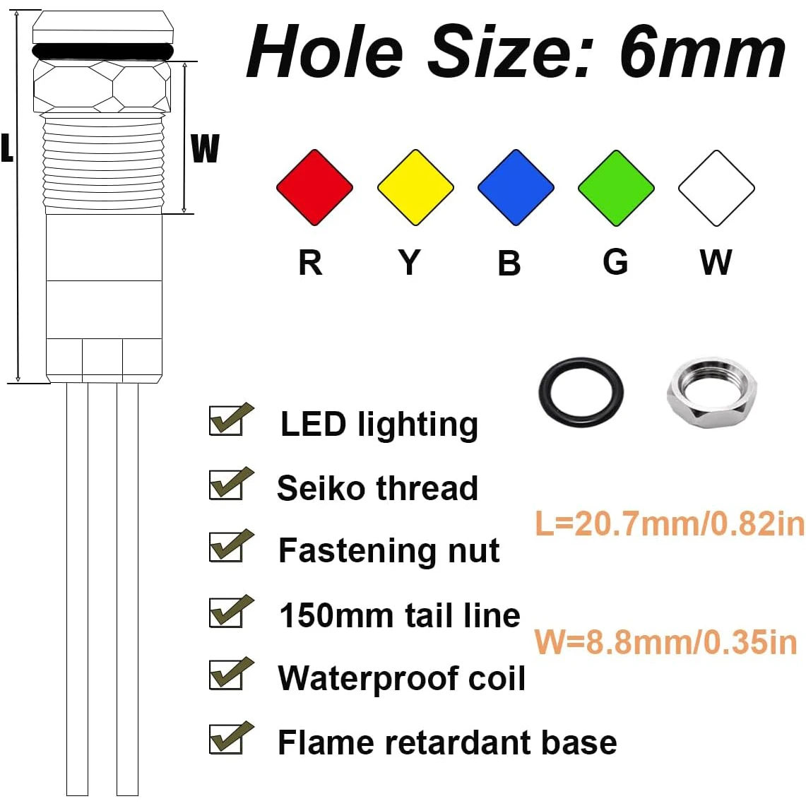 5Pack 1/4''(6mm) AC/DC12-24V LED Indicator Light Waterproof IP65 24 Volt led Lights Metal Pilot Lamp Lights Milt-Color Panel LED