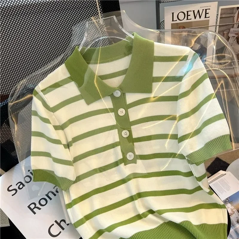 

Summer 2024 New Korean Style Retro Striped Polo Collar Knitted Women's Chic Preppy Style Loose Short-sleeved T-shirt Top
