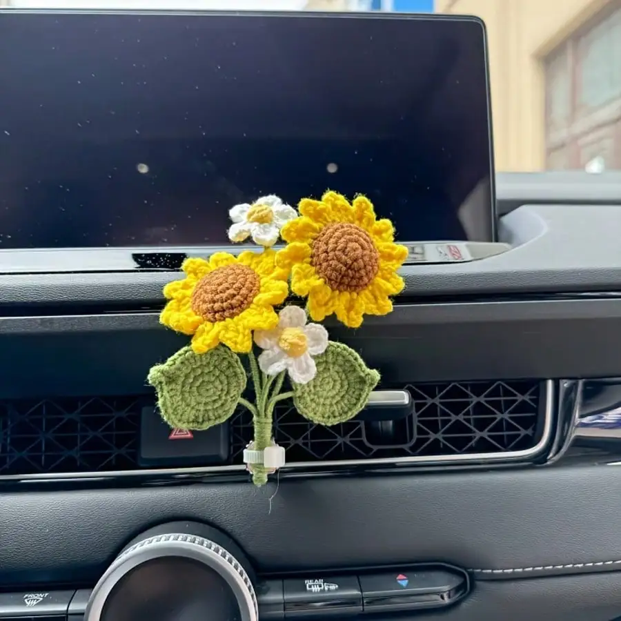 1Pc Hand‑Knitted Sunflower Car Air Outlet Decoration, Car Air Vent Flower Ornament, Car Interior Decor, Vent Outlet Potted Decor