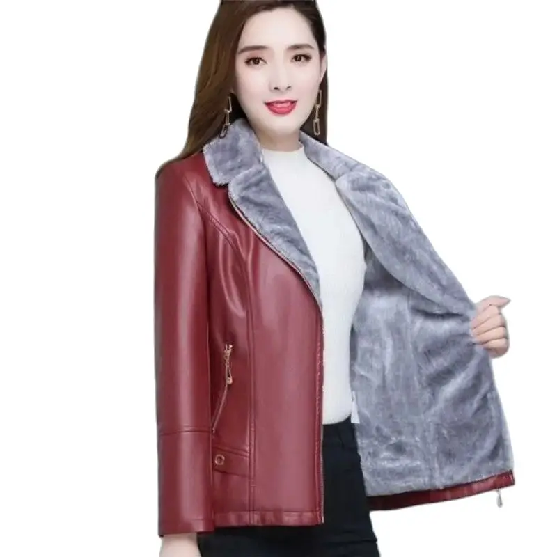 Winter Fashion Leather Jacket Female Add Velvet Add Thick Outerwear Skin Hair One Slim Fit Short Keep Warm Temperament Coat