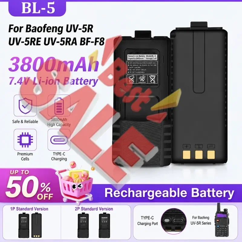 3800mAh BL-5 Rechargeable Walkie Talkie Battery For Baofeng UV-5R UV-5RE UV-5RA BF-F8 F9 Radio Enlarger Li-ion Battery Type-C