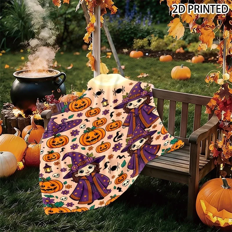 Whimsical Halloween Themed Throw Blanket with Spooky Purple Castle, Grinning Pumpkins, Cute Witches & Eerie Elements, Soft Cozy