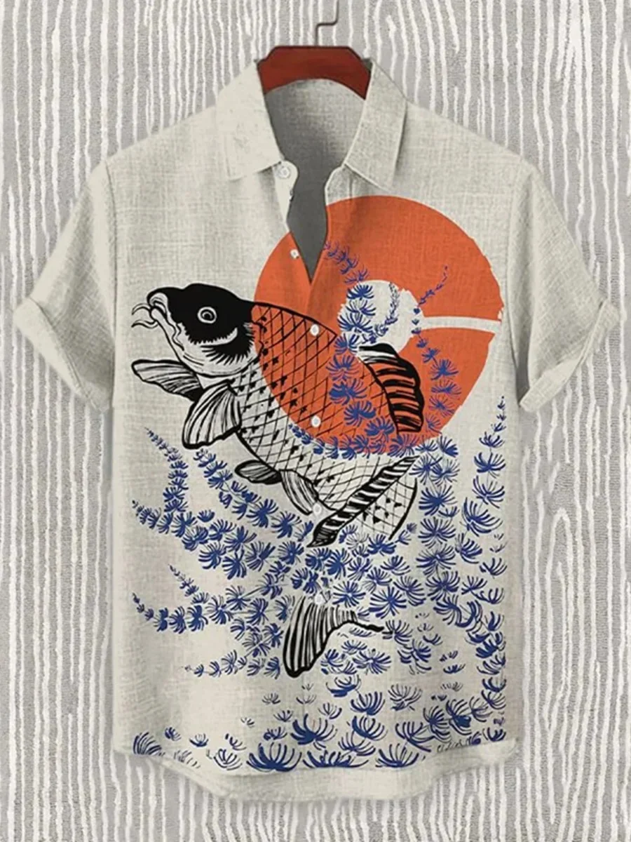 2025 신상 린넨 편안한 원단 캐주얼 스타일 레트로 패턴 프린트 남성 반팔 셔츠 캐주얼 버튼 탑
