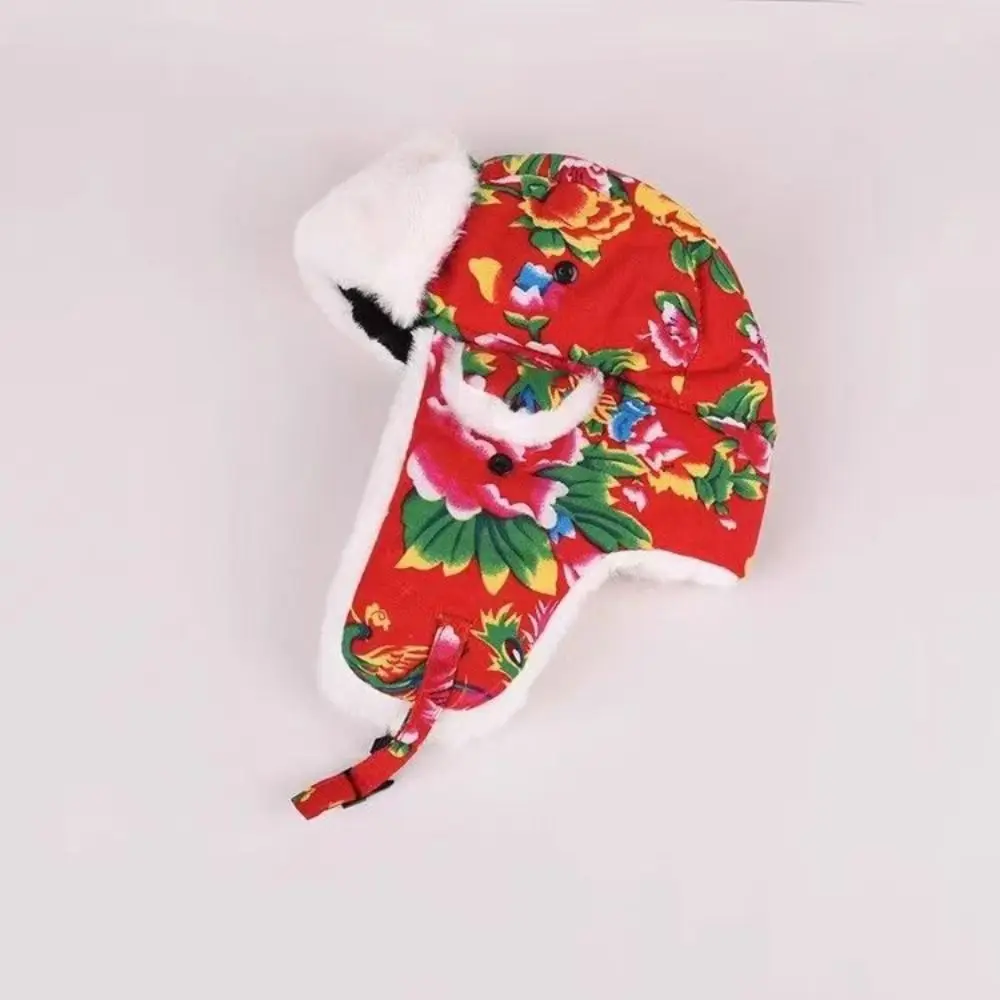 أزياء الشتاء الدافئة سدادات حماية الأذن قبعة الرجعية العرقية نمط زهرة القماش ليو فنغ قبعة سميكة هود كاب للنساء #2