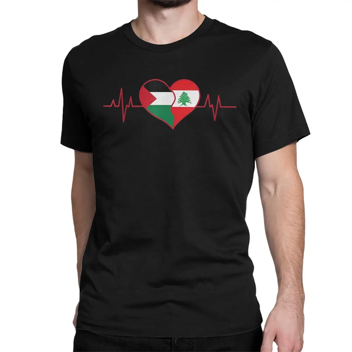 Lebanon Palestine Unity Heartbeat Lebanese Palestinian Flag Men T Shirt Tees Short Sleeve O Neck T-Shirt Cotton Clothes