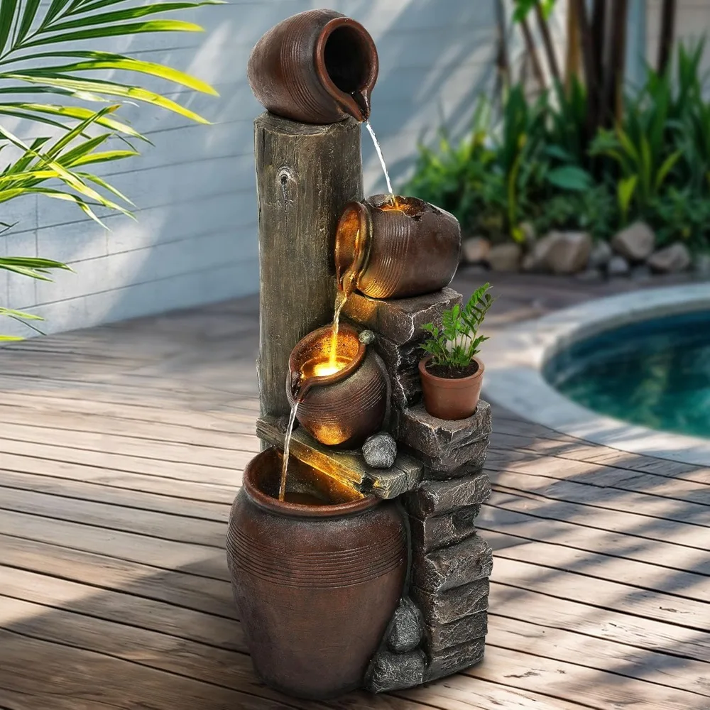 

40" h overszied outdoor/indoor water fountain with led lights and pump, cascading pitchers farmhouse garden fountain waterfall
