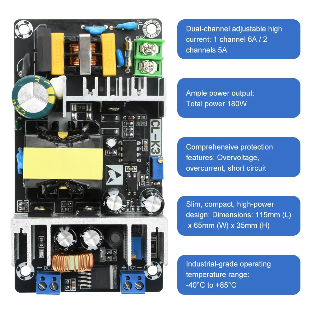 AC 100-240V/DC 141-339V bis 18-33V/1,25-31V Schaltnetzteil 180W Leistungsmodul Buck Converter Dual-Ausgang Elektronisches Kit