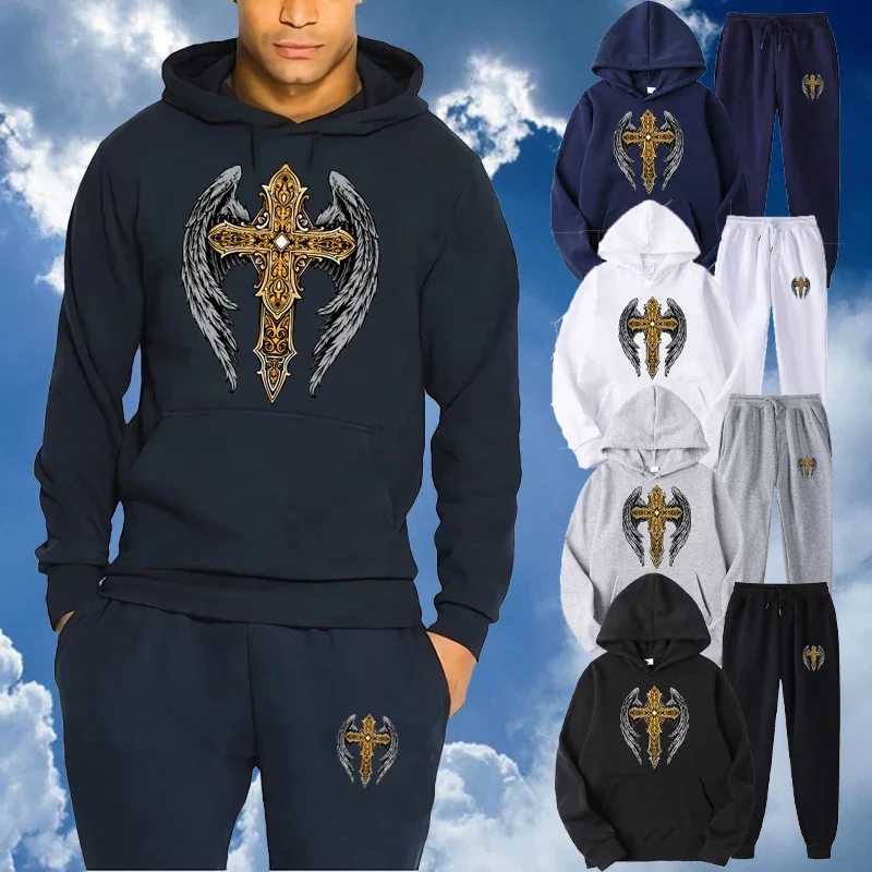 

Men's Wings Cross Print Faith Hoodies Sport Pant Set Warm Streetwear Solid Pullover Sweatshirt Sweatpant Suit Male Tracksuit