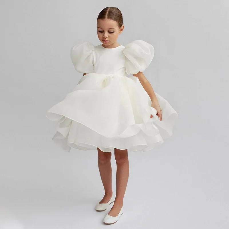 

Flower Girl White Dress Tulle Puff Sleeve Wedding Party Kids Dresses for Girls Birthday Elegant Formal Evening Pink Dress