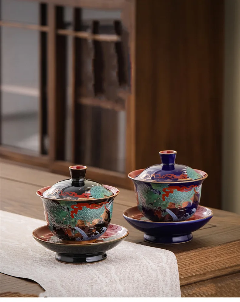 Enamel Dragon Gaiwan, Exquisite Ceramic Tea Bowl with Lid, Chinese Tea Set Gifts, High Quality Tea Infuser