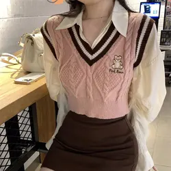 Two Piece Set Polo-Neck Shirt Female Clothing Preppy Style Autumn Winter Stylish Embroidery Slim American Knitted Spliced Blouse