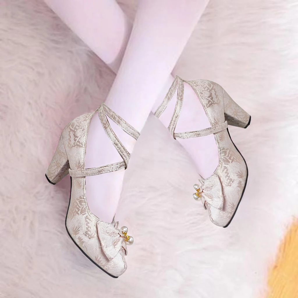 New Chinese Style Cheongsam Shoes Big Size 42-50 Shallow Bow Cross Strap Hanfu Ancient Style Coarse Single Order Shoes