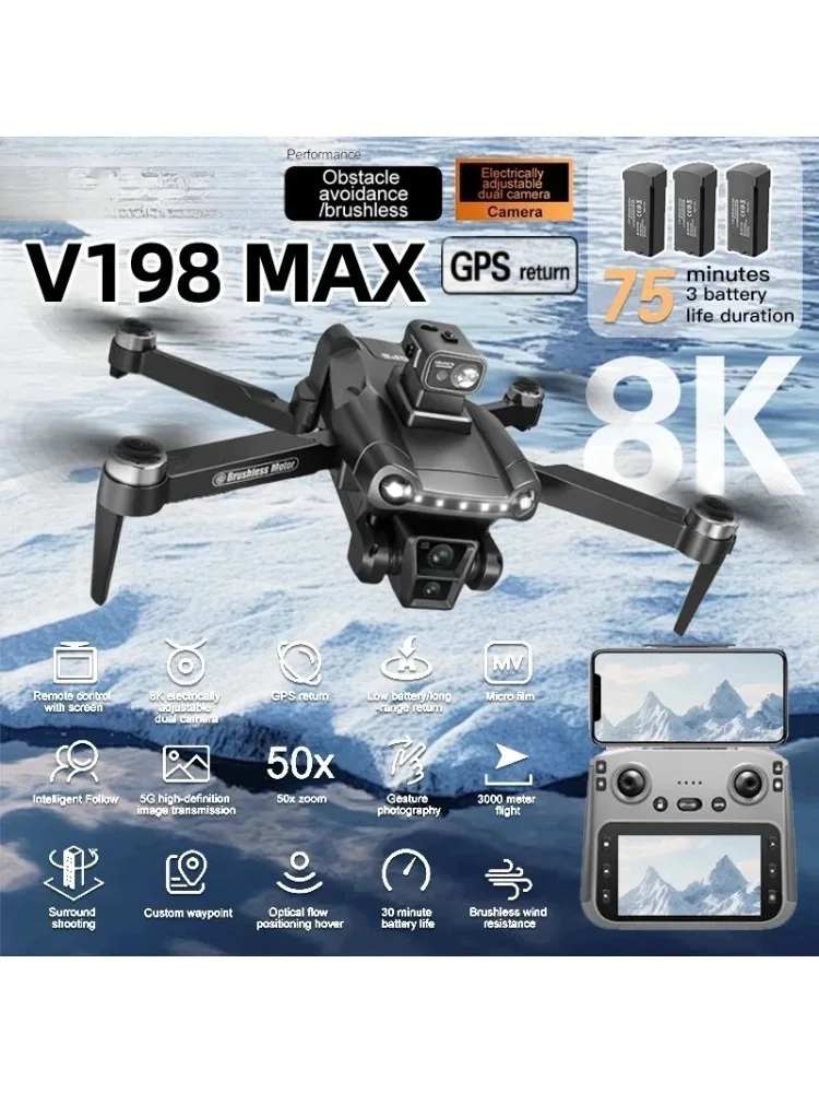Oryginalny dron GPS V198MAX z profesjonalną kamerą 8K, funkcją FPV, laserowym systemem unikania przeszkód, pilotem z dużym ekranem i składaną konstrukcją. — 2