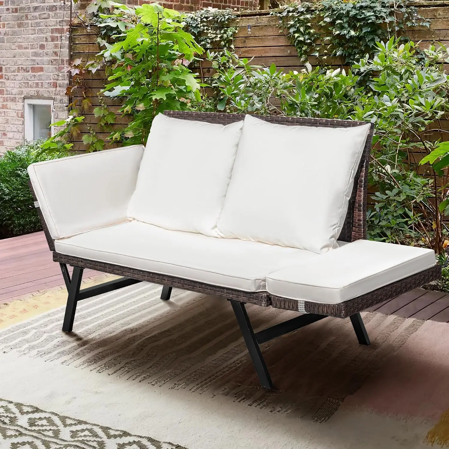 Woven Rattan Outdoor Sofa Daybed with Adjustable Armrests & Cushions for Yard Porch Pool Brown Beige, Customized