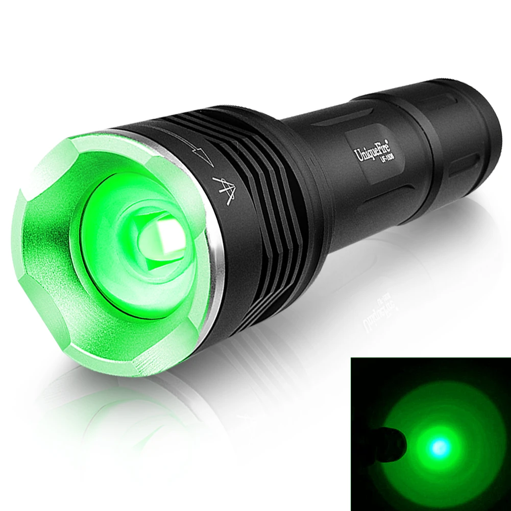 

UniqueFire 1506 Small LED Flashlight Green Beam Light 1/ 3 Mode Zoom Portable Mini Torch 20mm Aspherical Lens Lamp for Hunting