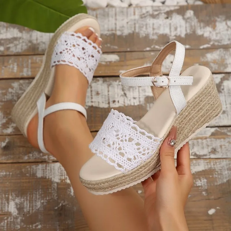 Sandalias de Mujer con Plataforma y Cuña, Estilo Espadrille, Punta Abierta, Correa de Tobillo con Hebilla, Parte Superior Tejida con Aspecto de Crochet, Zapatos Casuales para Vacaciones de Verano