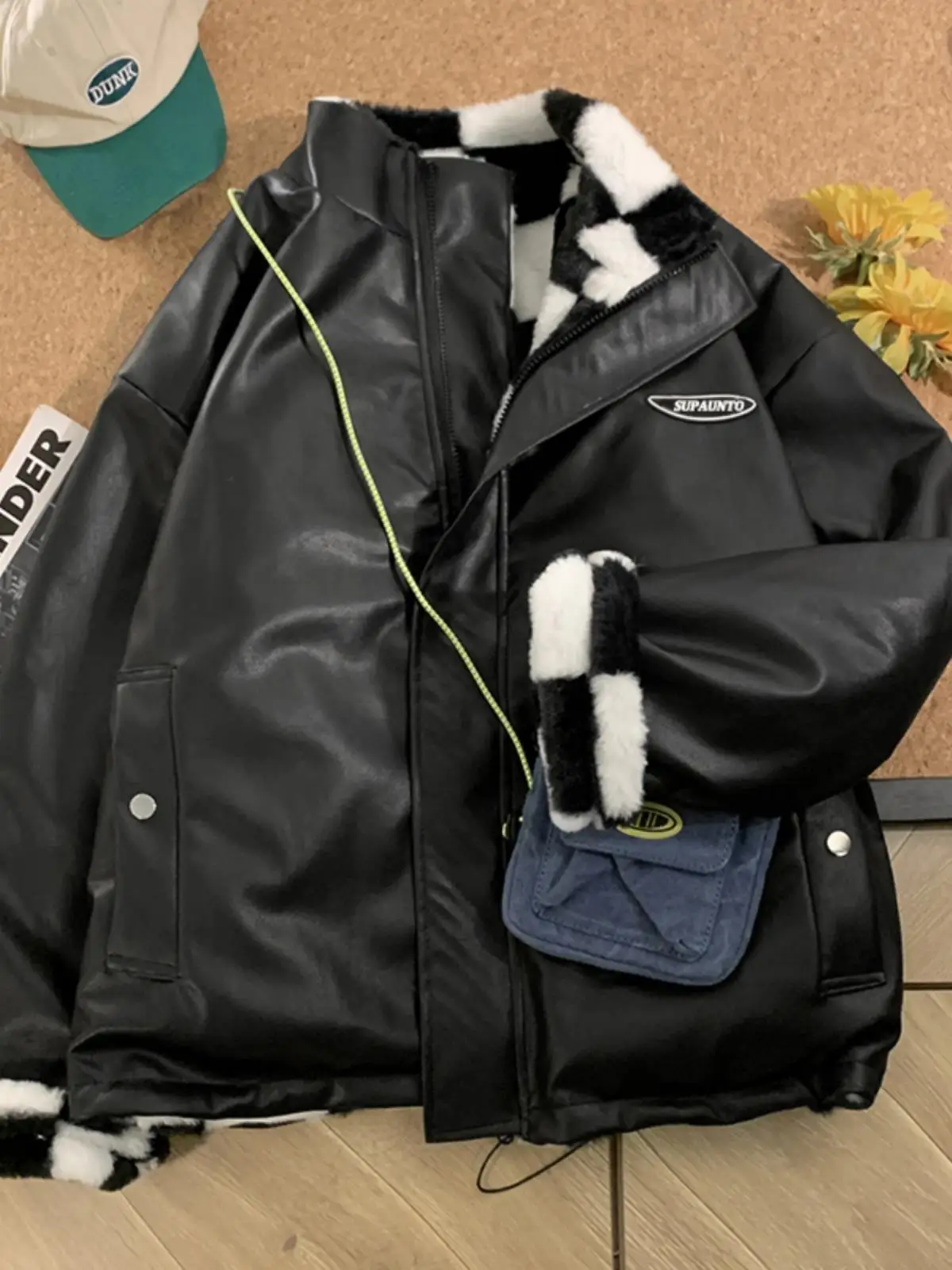 

Double-Sided Wear PU Leather Jaet Fluffy Chboard Pattern Stand Collar Men's Winter Fce Lined Thi High Street Cool C...