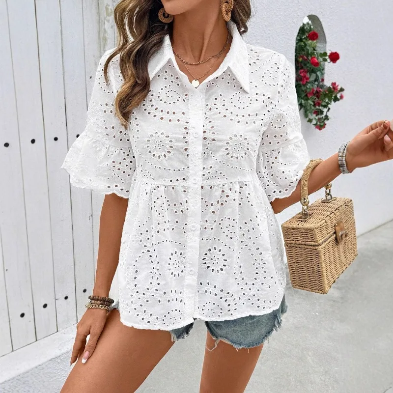 

2025 Summer Solid Lace Hollow Casual Elegant T Shirt Women Turn Down Collar Single Breasted Short Sleeve Versatile Street Tees