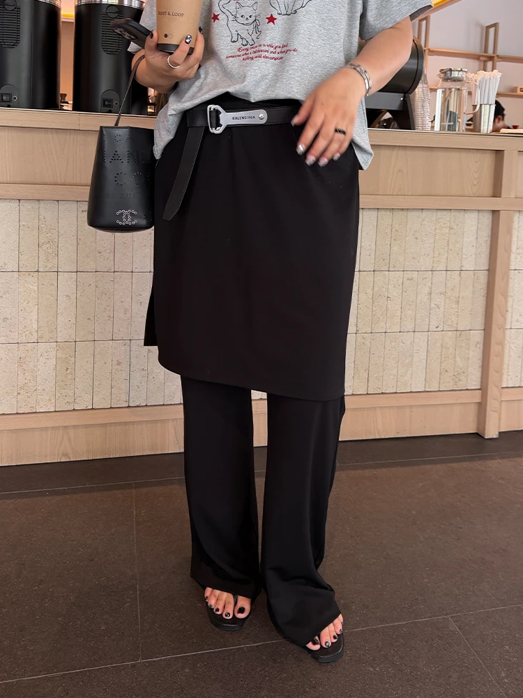 

High Waist Drapey plus Size Women's Casual Skirt Pants Set Layered Versatile Fake Two-Piece Design Spring Summer Ladies