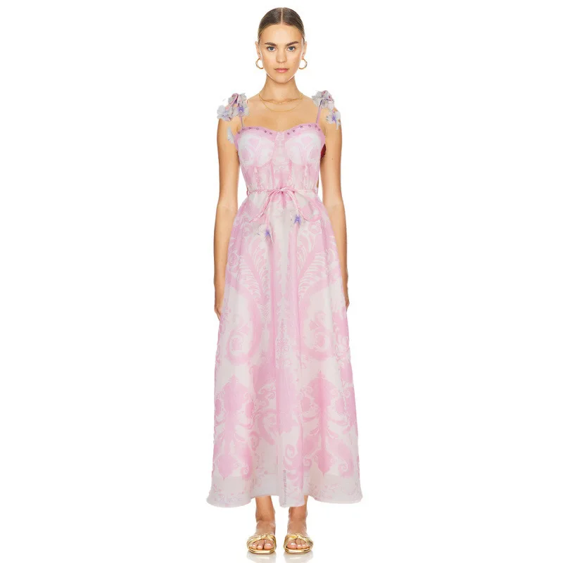 

2025 Summer High-End Floral Print Slit Long Dress Women Elegant Sleeveless Maxi Dress