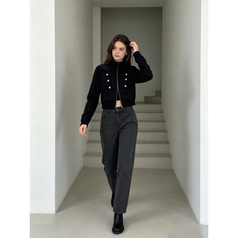 Women Stand Collar Cropped Jacket Double Breasted Metal Button Zip Up Long Sleeve Vintage Military Style Slim Outerwear