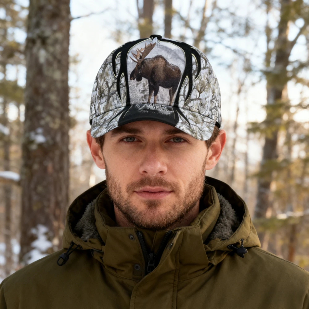 Snow Moose Printed Baseball Cap Camouflage Hat with Realistic Animal Hunting Camping Adjustable Outdoor Dad Cap for Men Women